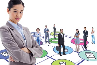 Portrait of a gorgeous businesswoman posing with the arms crossed against apps